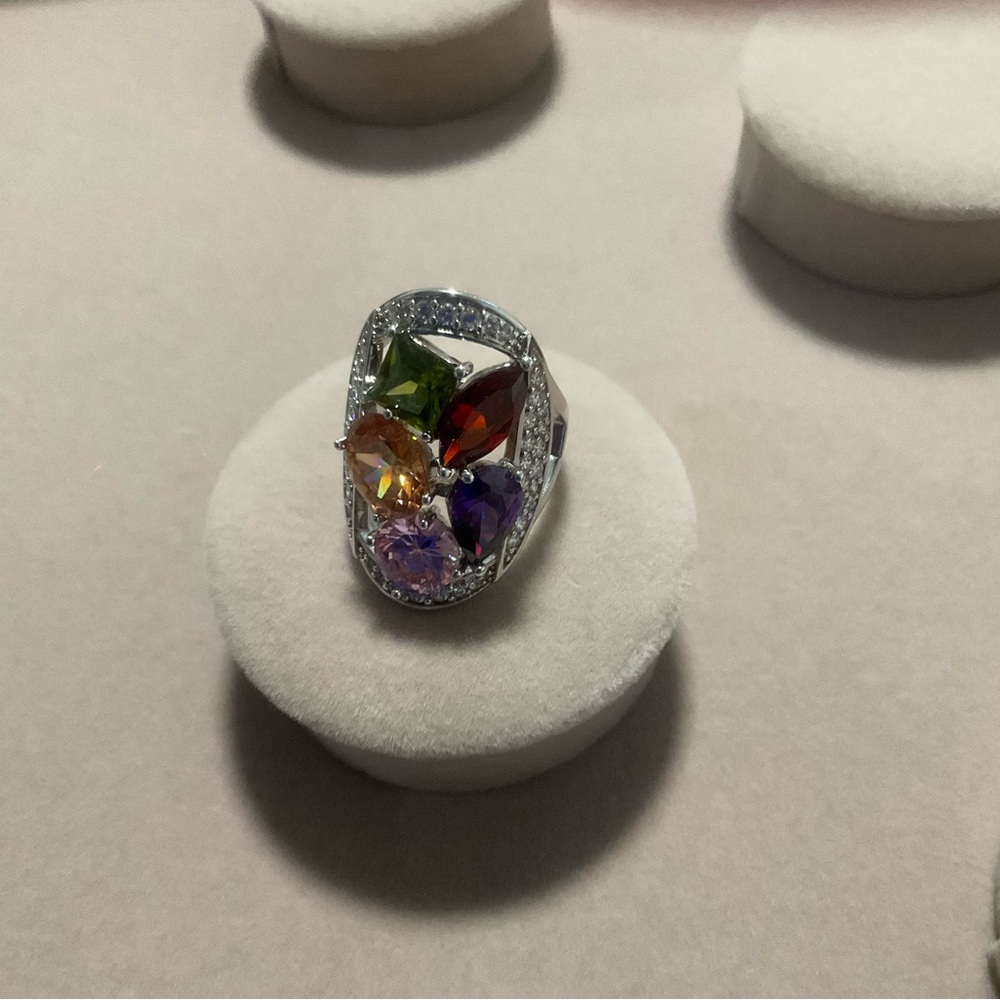 Multi-Stone Silver Cocktail Ring with Green, Red, Yellow, Purple Gemstones